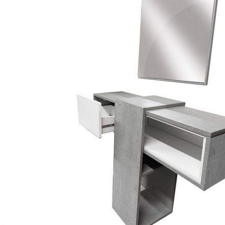Mobile da Ingresso Grigio Cemento Bianco Specchio Incluso un Ripiano 100x31x75h cm, Appendiabiti - Limbadi
