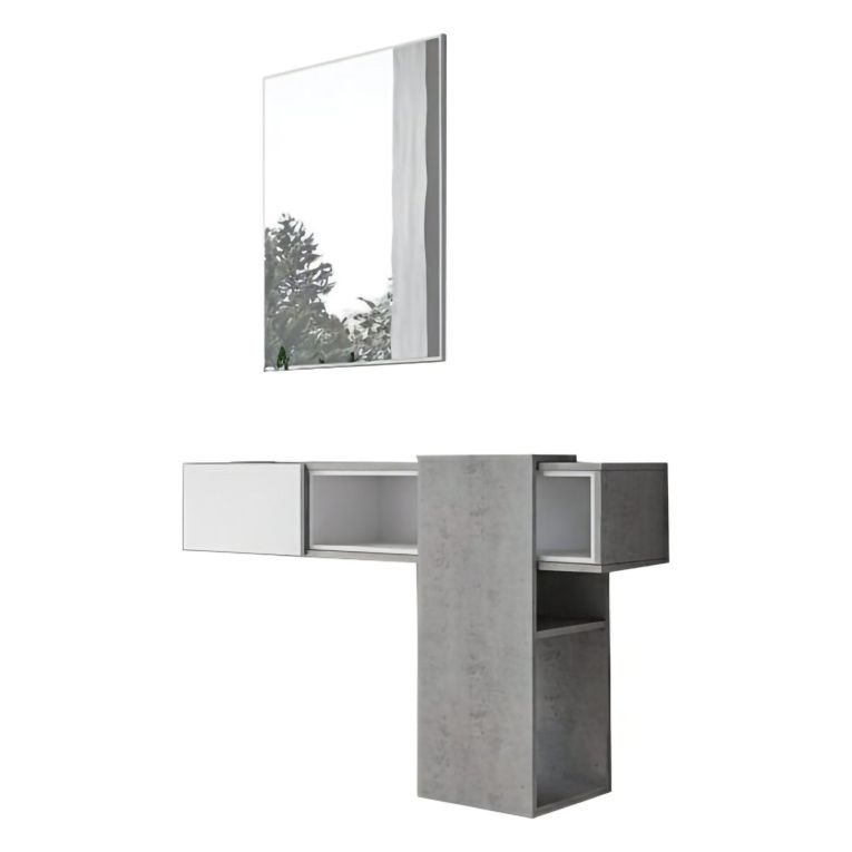 Mobile da Ingresso Grigio Cemento Bianco Specchio Incluso un Ripiano 100x31x75h cm, Appendiabiti - Limbadi