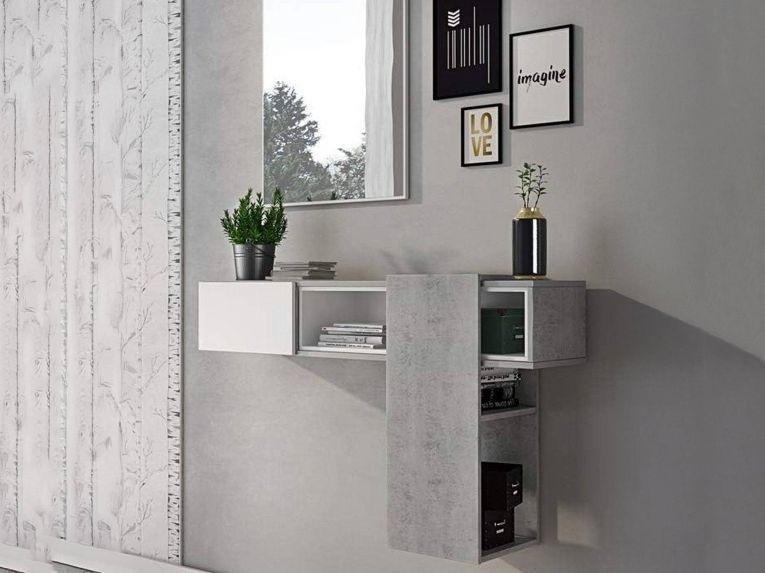 Mobile da Ingresso Grigio Cemento Bianco Specchio Incluso un Ripiano 100x31x75h cm, Appendiabiti - Limbadi