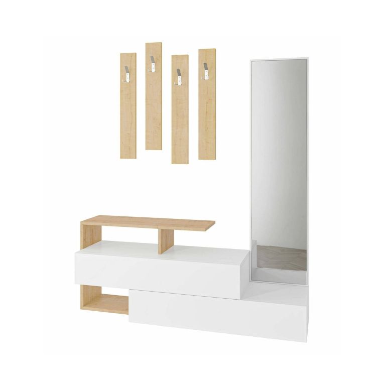 Mobile da ingresso Himalia, Entratina moderna, Appendiabiti da parete, Consolle portaoggetti multifunzione, 137x35h55 cm, Bianco e Rovere