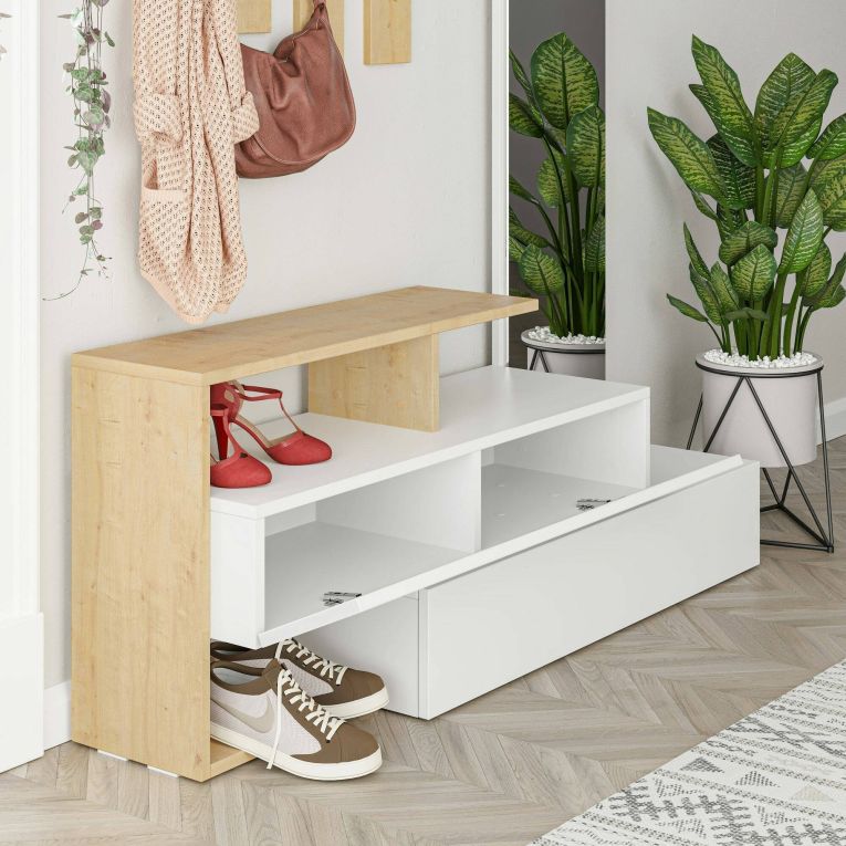 Mobile da ingresso Himalia, Entratina moderna, Appendiabiti da parete, Consolle portaoggetti multifunzione, 137x35h55 cm, Bianco e Rovere