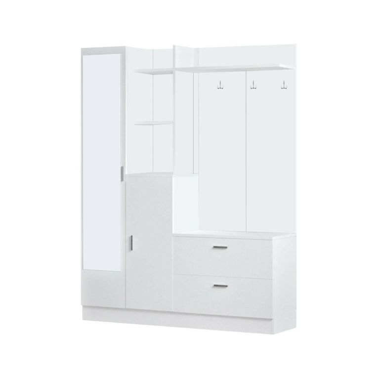 Mobile da ingresso Homam, Entratina moderna, Appendiabiti da parete, Consolle portaoggetti multifunzione, 140x37h182 cm, Bianco