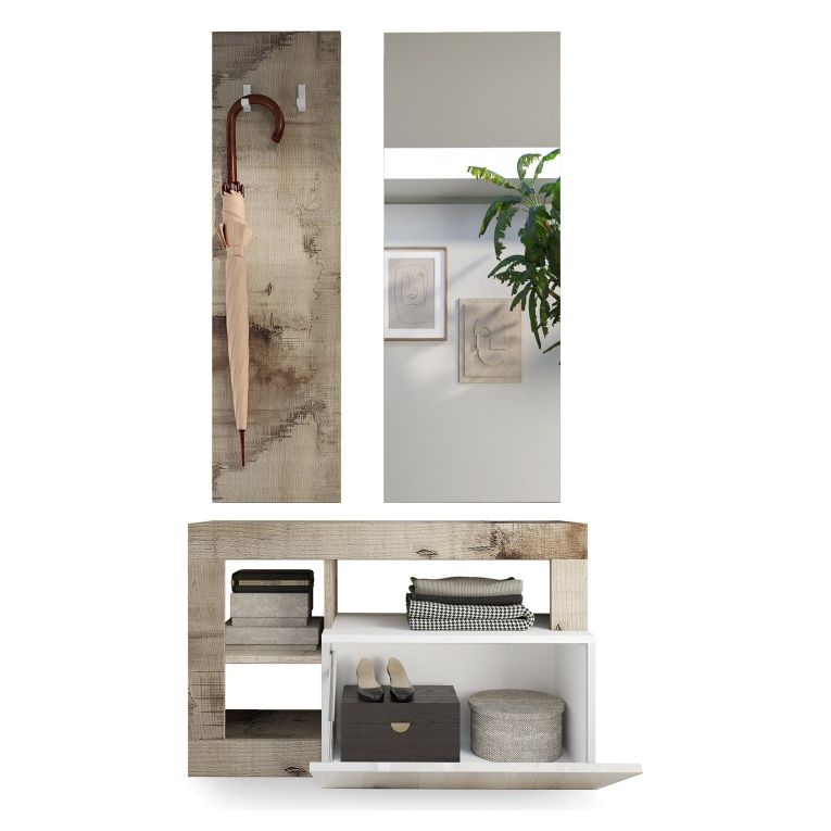 Mobile da Ingresso Marrone Lucido Bianco Pero Specchio Incluso Appendiabiti 90.5x36x170h cm, 4 Paia - Casalino