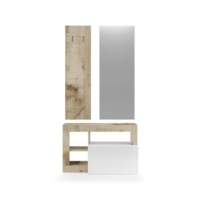 Mobile da Ingresso Marrone Lucido Bianco Pero Specchio Incluso Appendiabiti 90.5x36x170h cm, 4 Paia - Casalino