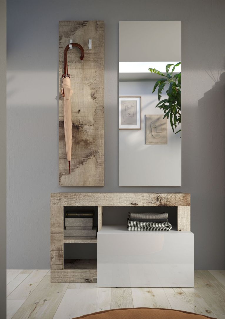 Mobile da Ingresso Marrone Lucido Bianco Pero Specchio Incluso Appendiabiti 90.5x36x170h cm, 4 Paia - Casalino
