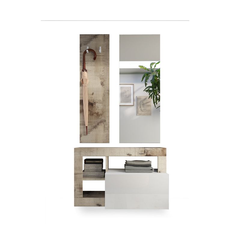 Mobile da Ingresso Marrone Lucido Bianco Pero Specchio Incluso Appendiabiti 90.5x36x170h cm, 4 Paia - Casalino