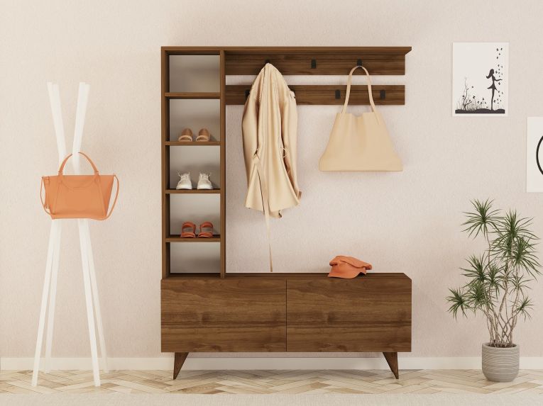 Mobile da Ingresso Marrone Noce Appendiabiti 6 Ripiani 120x32x162h cm, Apertura a Ribalta - Gordona