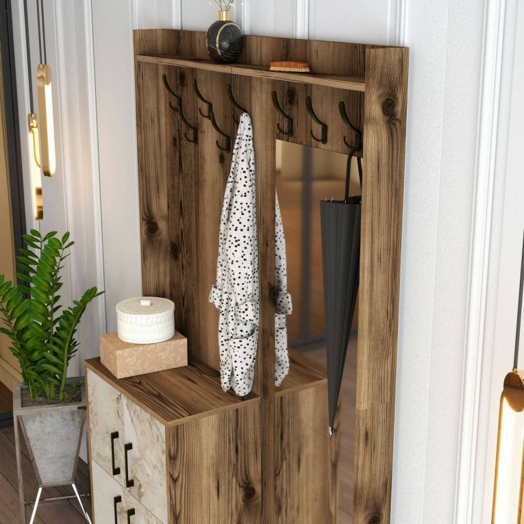 Mobile da Ingresso Marrone Noce Bianco Marmo Specchio Incluso 2 Ripiani 120x35x200h cm, Appendiabiti - Isidore