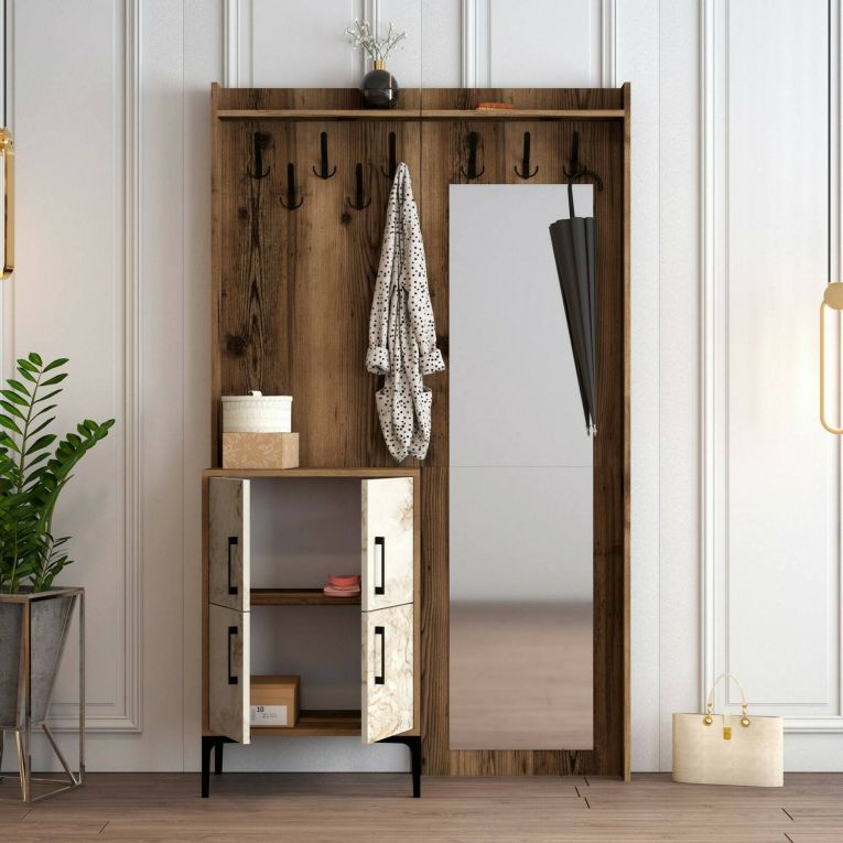 Mobile da Ingresso Marrone Noce Bianco Marmo Specchio Incluso 2 Ripiani 120x35x200h cm, Appendiabiti - Isidore