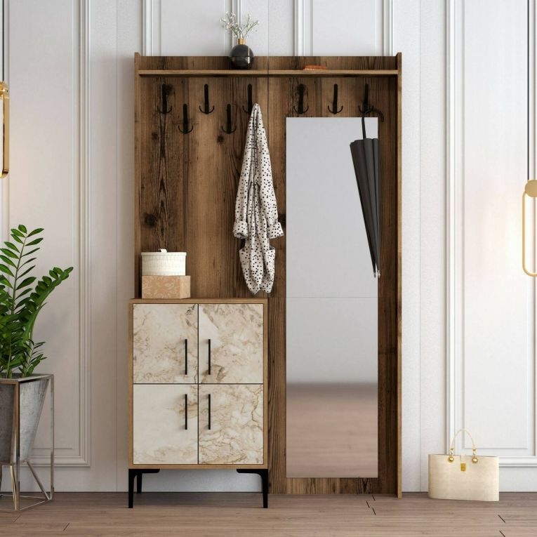 Mobile da Ingresso Marrone Noce Bianco Marmo Specchio Incluso 2 Ripiani 120x35x200h cm, Appendiabiti - Isidore