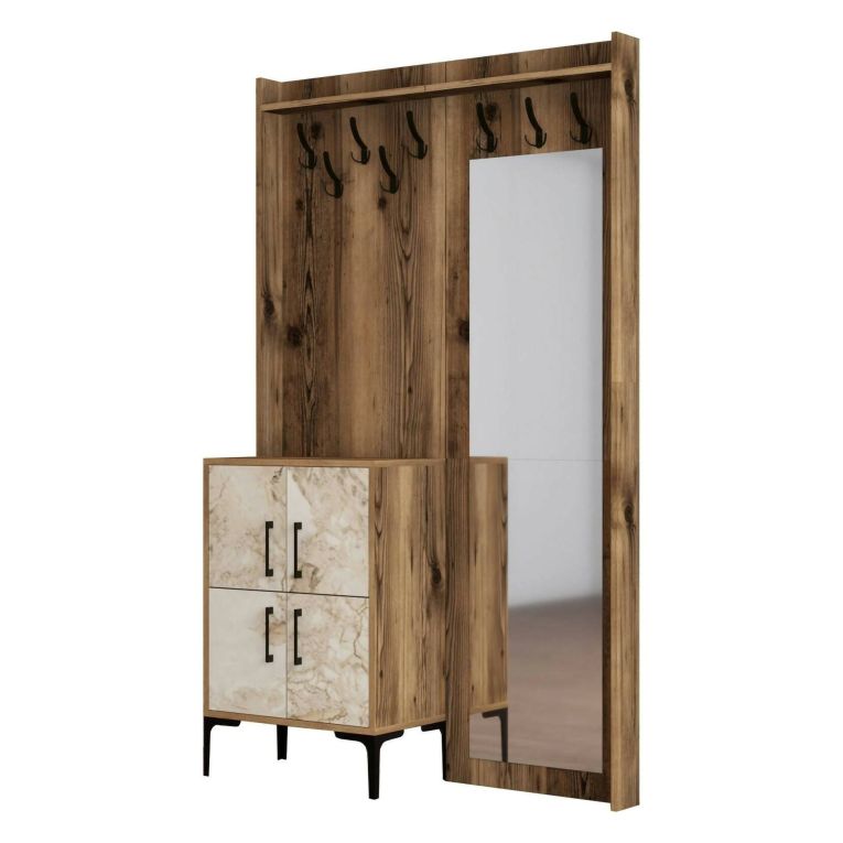 Mobile da Ingresso Marrone Noce Bianco Marmo Specchio Incluso 2 Ripiani 120x35x200h cm, Appendiabiti - Isidore