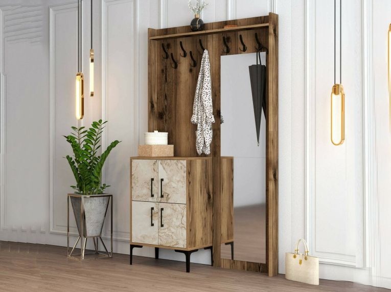 Mobile da Ingresso Marrone Noce Bianco Marmo Specchio Incluso 2 Ripiani 120x35x200h cm, Appendiabiti - Isidore