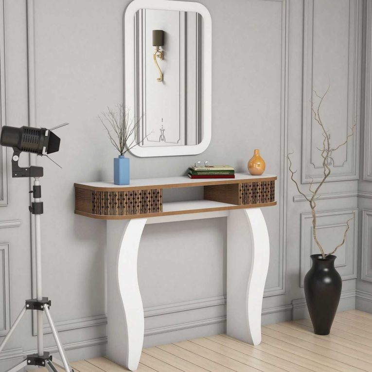 Mobile da Ingresso Marrone Noce Bianco Specchio Incluso 2 Ripiani 105x30x85h cm, Modulabile - Gazzuolo