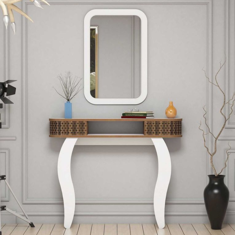 Mobile da Ingresso Marrone Noce Bianco Specchio Incluso 2 Ripiani 105x30x85h cm, Modulabile - Gazzuolo