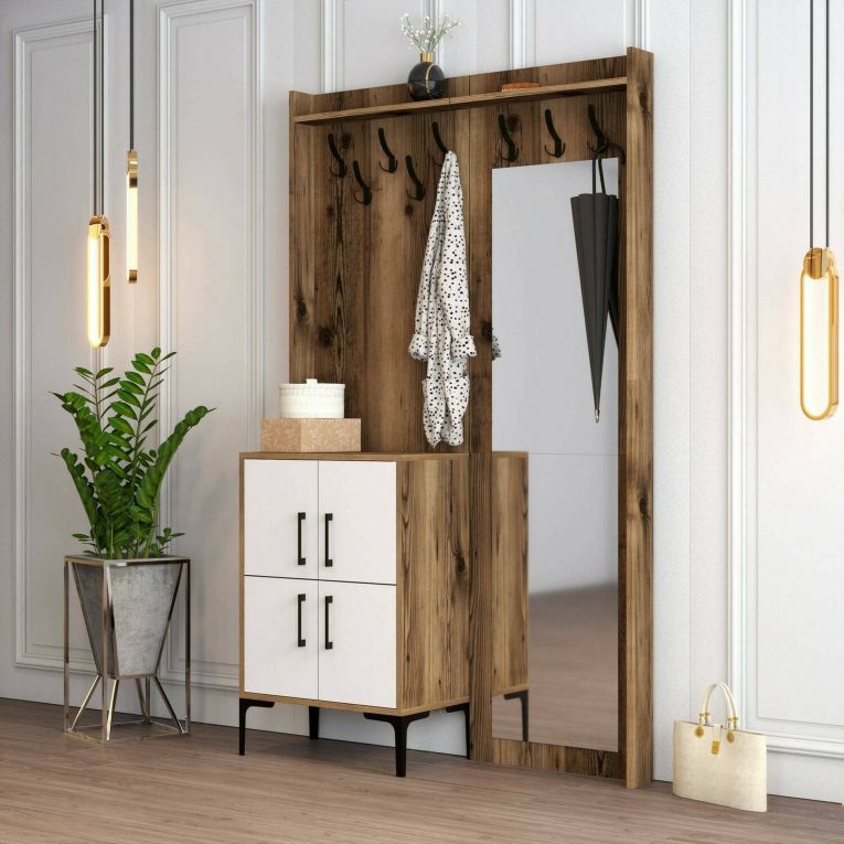 Mobile da Ingresso Marrone Noce Bianco Specchio Incluso 2 Ripiani 120x35x200h cm, Appendiabiti - Isidore