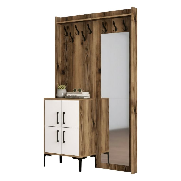 Mobile da Ingresso Marrone Noce Bianco Specchio Incluso 2 Ripiani 120x35x200h cm, Appendiabiti - Isidore