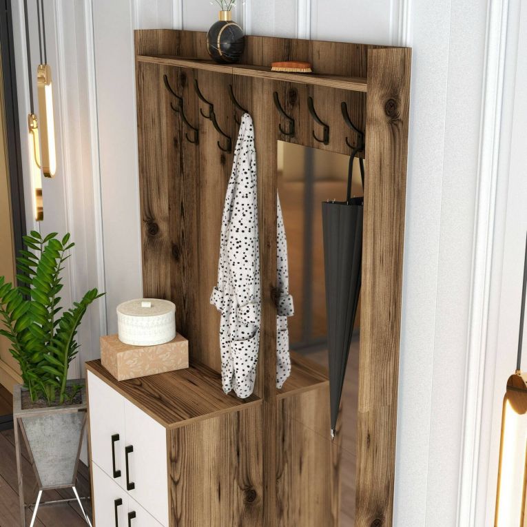 Mobile da Ingresso Marrone Noce Bianco Specchio Incluso 2 Ripiani 120x35x200h cm, Appendiabiti - Isidore