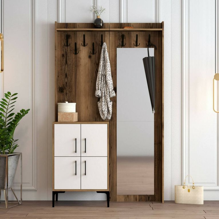 Mobile da Ingresso Marrone Noce Bianco Specchio Incluso 2 Ripiani 120x35x200h cm, Appendiabiti - Isidore