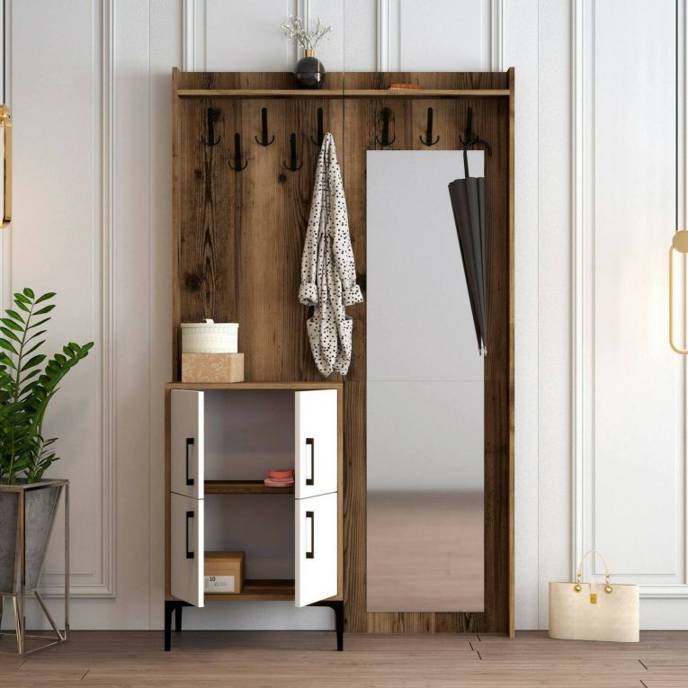 Mobile da Ingresso Marrone Noce Bianco Specchio Incluso 2 Ripiani 120x35x200h cm, Appendiabiti - Isidore