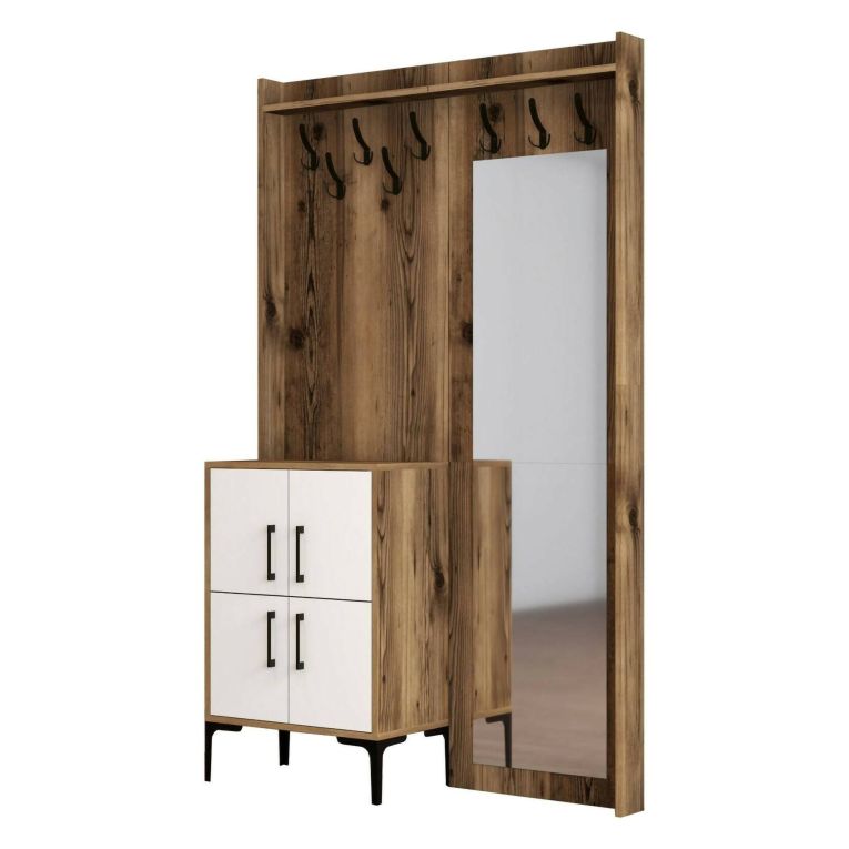 Mobile da Ingresso Marrone Noce Bianco Specchio Incluso 2 Ripiani 120x35x200h cm, Appendiabiti - Isidore