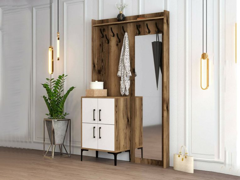 Mobile da Ingresso Marrone Noce Bianco Specchio Incluso 2 Ripiani 120x35x200h cm, Appendiabiti - Isidore
