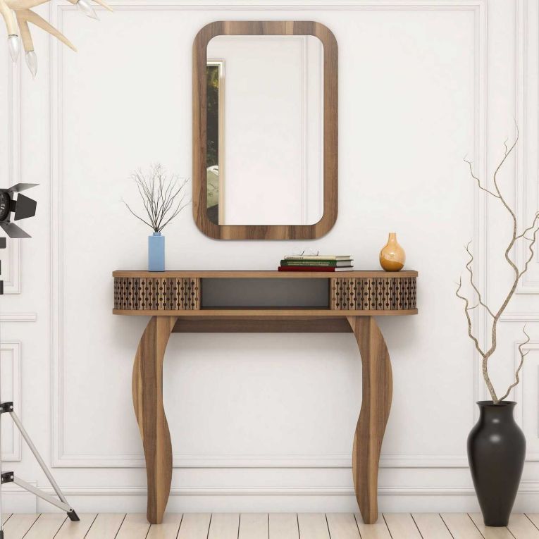 Mobile da Ingresso Marrone Noce Marrone Noce Specchio Incluso 2 Ripiani 105x30x85h cm, Modulabile - Gazzuolo