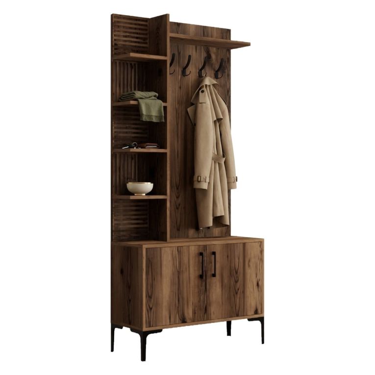 Mobile da Ingresso Marrone Noce Nero 8 Ripiani Appendiabiti 90x35x200h cm, Apertura Battente - Pecchi