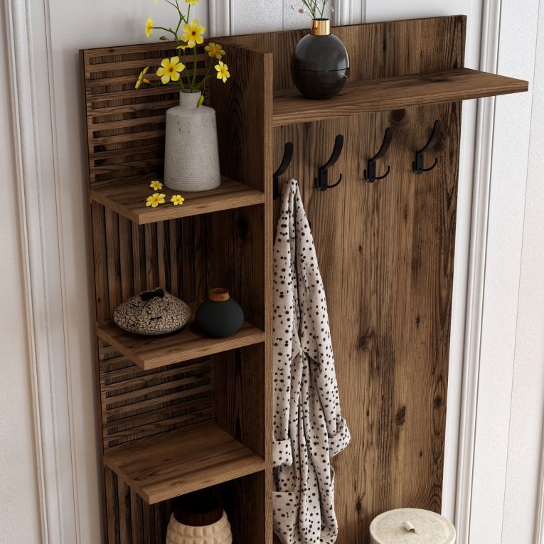 Mobile da Ingresso Marrone Noce Nero 8 Ripiani Appendiabiti 90x35x200h cm, Apertura Battente - Pecchi