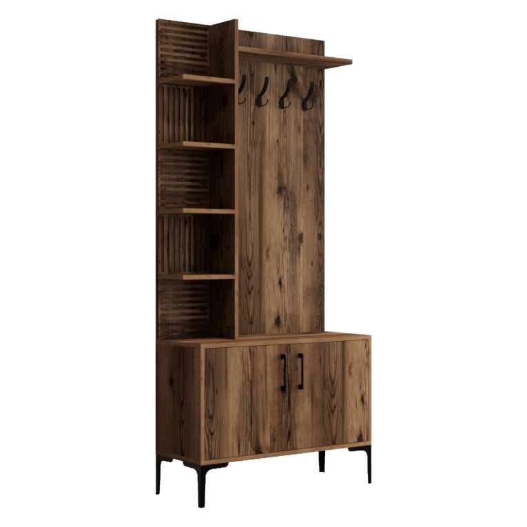 Mobile da Ingresso Marrone Noce Nero 8 Ripiani Appendiabiti 90x35x200h cm, Apertura Battente - Pecchi