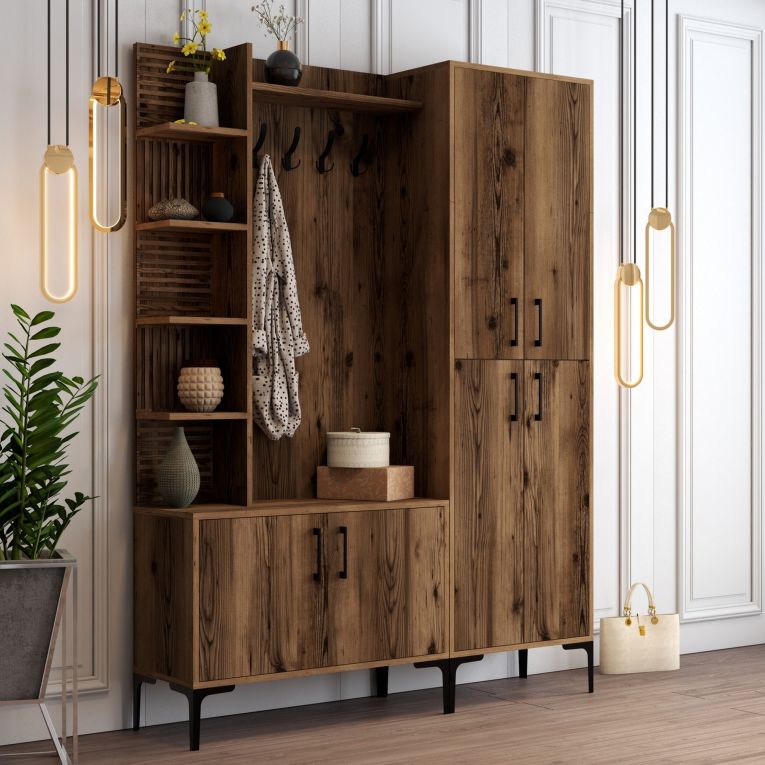 Mobile da Ingresso Marrone Noce Nero Appendiabiti 12 Ripiani 150x200x35h cm, Apertura Battente - Dovarese