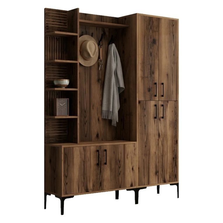 Mobile da Ingresso Marrone Noce Nero Appendiabiti 12 Ripiani 150x200x35h cm, Apertura Battente - Dovarese