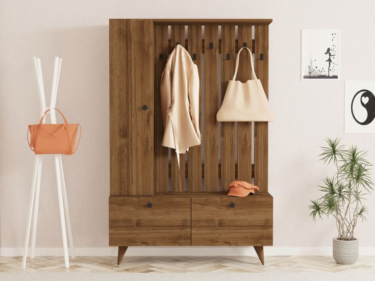 Mobile da Ingresso Marrone Noce Nero Appendiabiti 6 Ripiani 112x35x170h cm, Apertura a Ribalta, Battente - Cairate