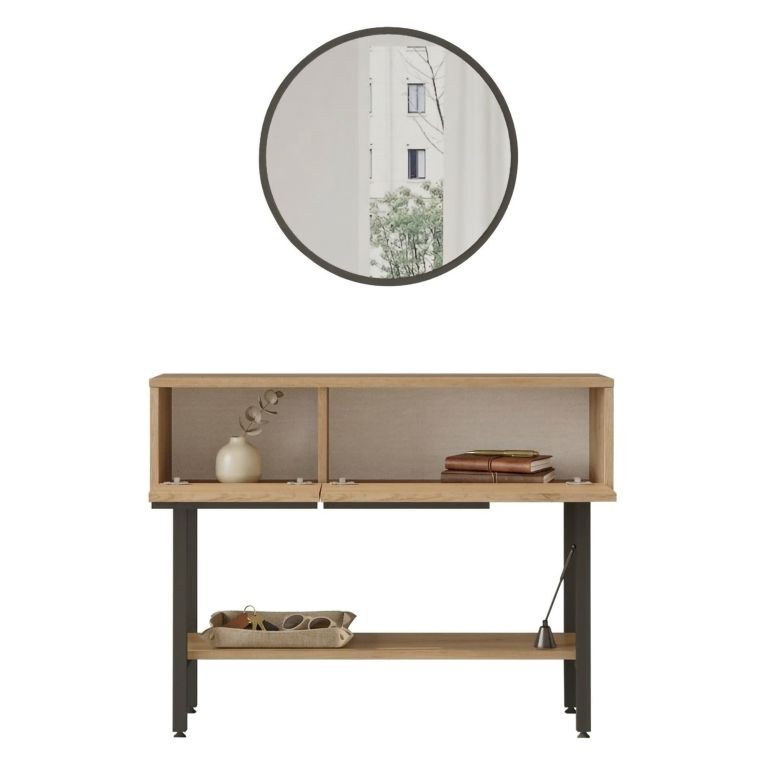 Mobile da Ingresso Marrone Rovere Beige Effetto paglia di Vienna 100x30x76h cm, 2 Ripiani - Recale
