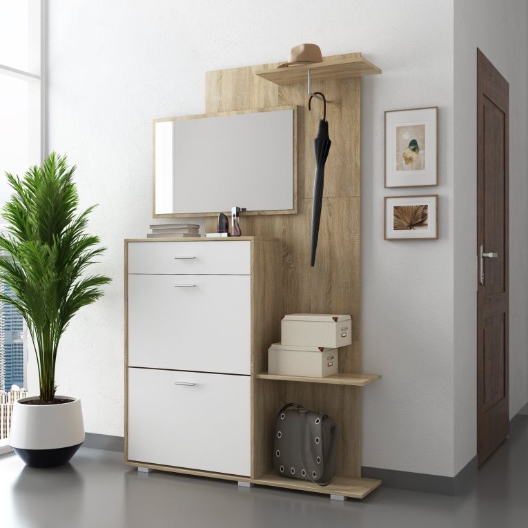 Mobile da Ingresso Marrone Rovere Bianco Specchio Incluso 12 Paia 120x25x192h cm, un Cassetto - Verres
