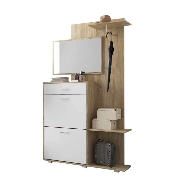 Mobile da Ingresso Marrone Rovere Bianco Specchio Incluso 12 Paia 120x25x192h cm, un Cassetto - Verres