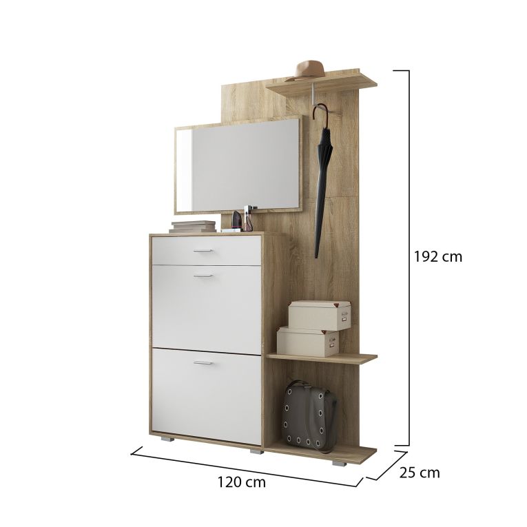 Mobile da Ingresso Marrone Rovere Bianco Specchio Incluso 12 Paia 120x25x192h cm, un Cassetto - Verres