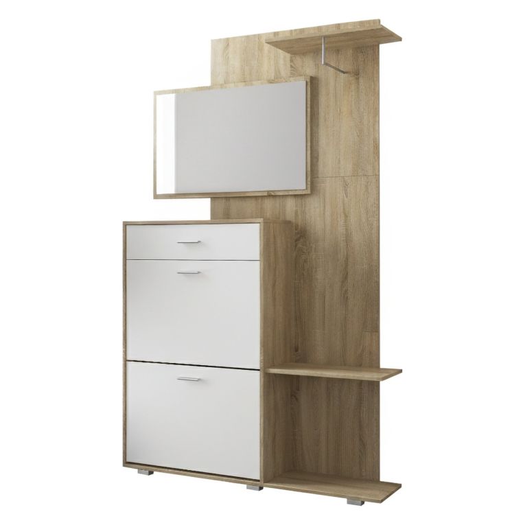 Mobile da Ingresso Marrone Rovere Bianco Specchio Incluso 12 Paia 120x25x192h cm, un Cassetto - Verres
