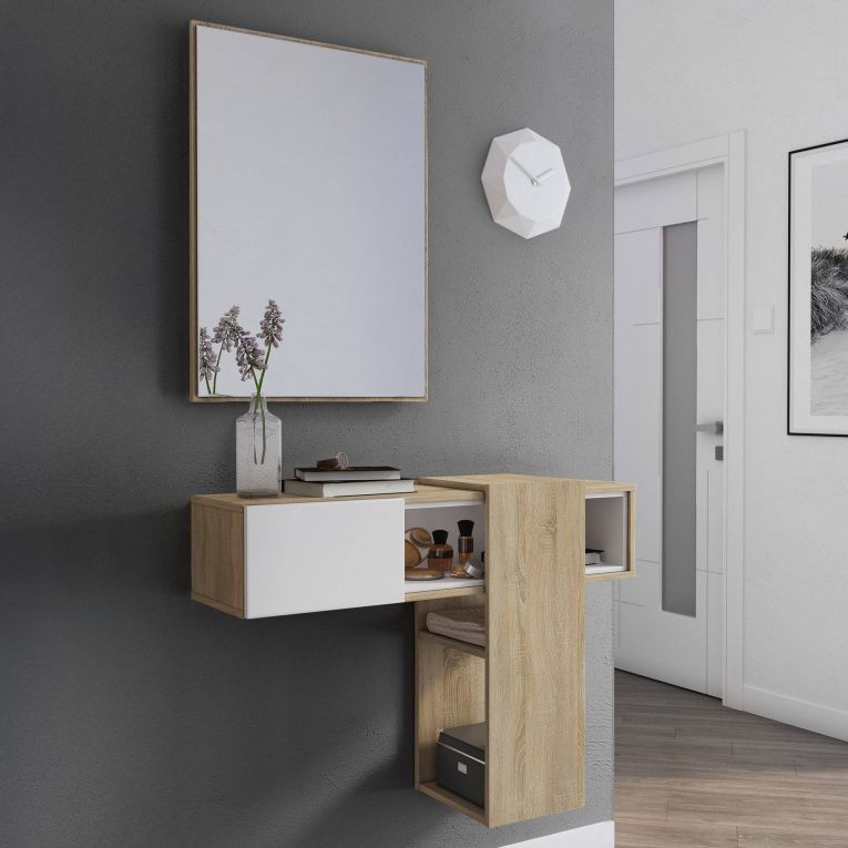 Mobile da Ingresso Marrone Rovere Bianco Specchio Incluso un Ripiano 100x31.2x75h cm, Appendiabiti - Daba