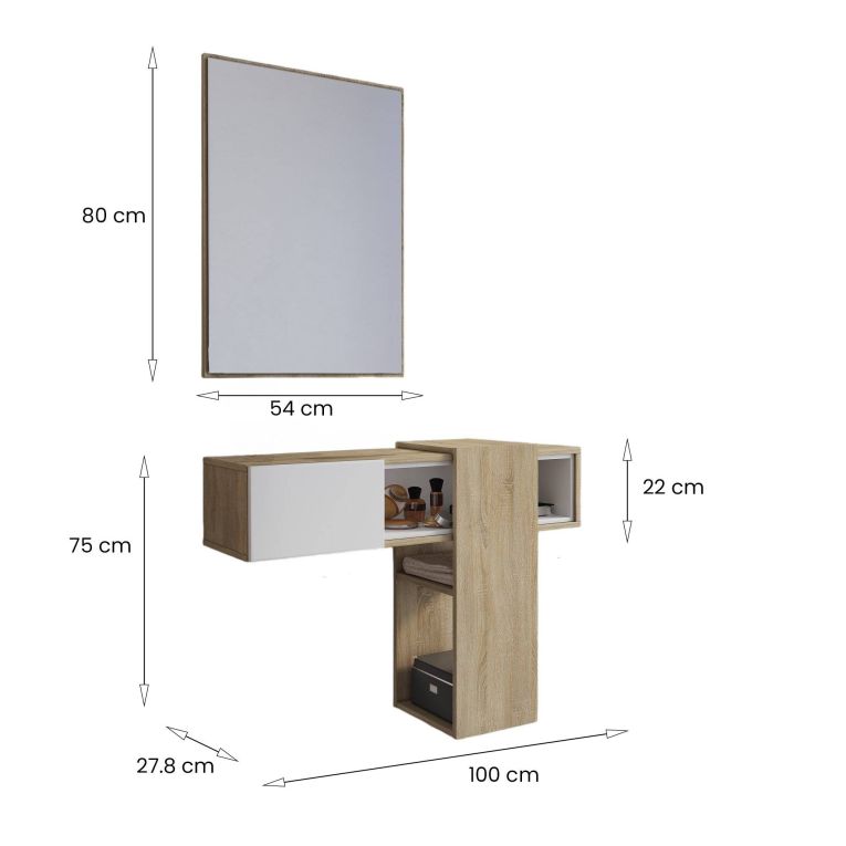 Mobile da Ingresso Marrone Rovere Bianco Specchio Incluso un Ripiano 100x31.2x75h cm, Appendiabiti - Daba