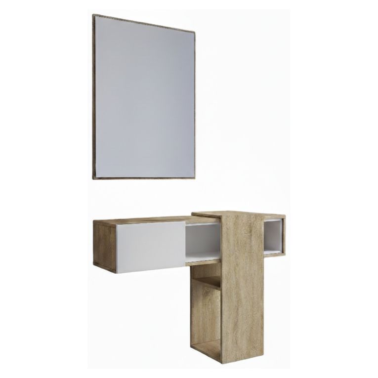 Mobile da Ingresso Marrone Rovere Bianco Specchio Incluso un Ripiano 100x31.2x75h cm, Appendiabiti - Daba