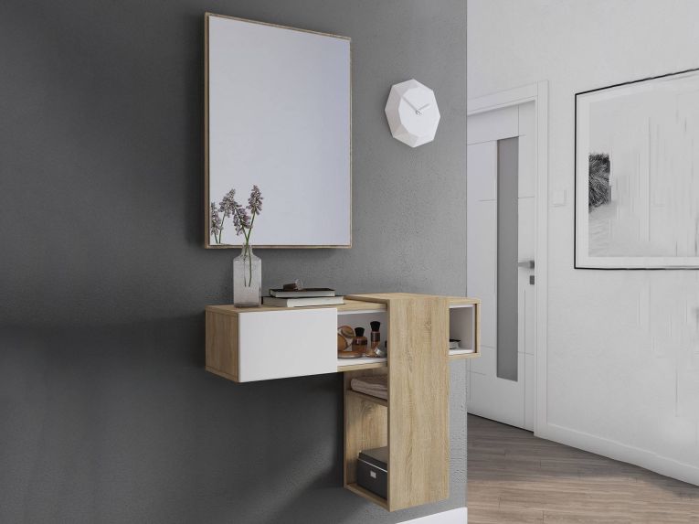Mobile da Ingresso Marrone Rovere Bianco Specchio Incluso un Ripiano 100x31.2x75h cm, Appendiabiti - Daba