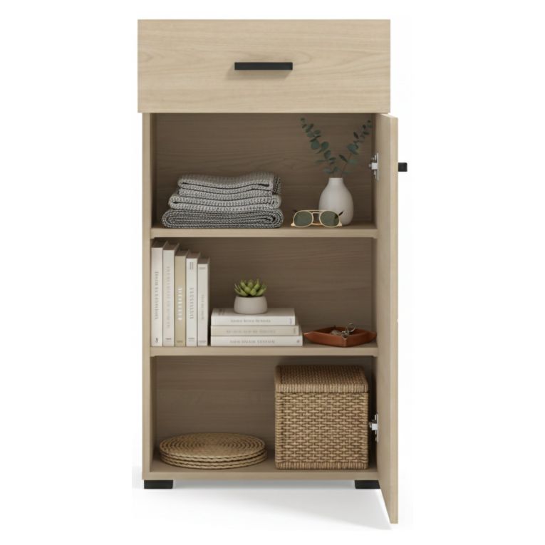 Mobile da Ingresso Marrone Rovere Chiaro Nero un Cassetto 2 Ripiani 51.5x35x98h cm, Un'anta - Trevi