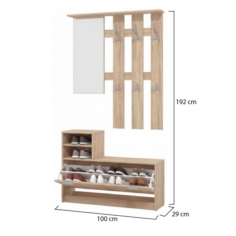 Mobile da Ingresso Marrone Rovere Grigio Specchio Incluso 4 Ripiani 100x29x191.5h cm, Appendiabiti - Tonengo