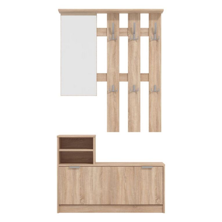 Mobile da Ingresso Marrone Rovere Grigio Specchio Incluso 4 Ripiani 100x29x191.5h cm, Appendiabiti - Tonengo