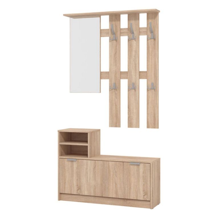 Mobile da Ingresso Marrone Rovere Grigio Specchio Incluso 4 Ripiani 100x29x191.5h cm, Appendiabiti - Tonengo