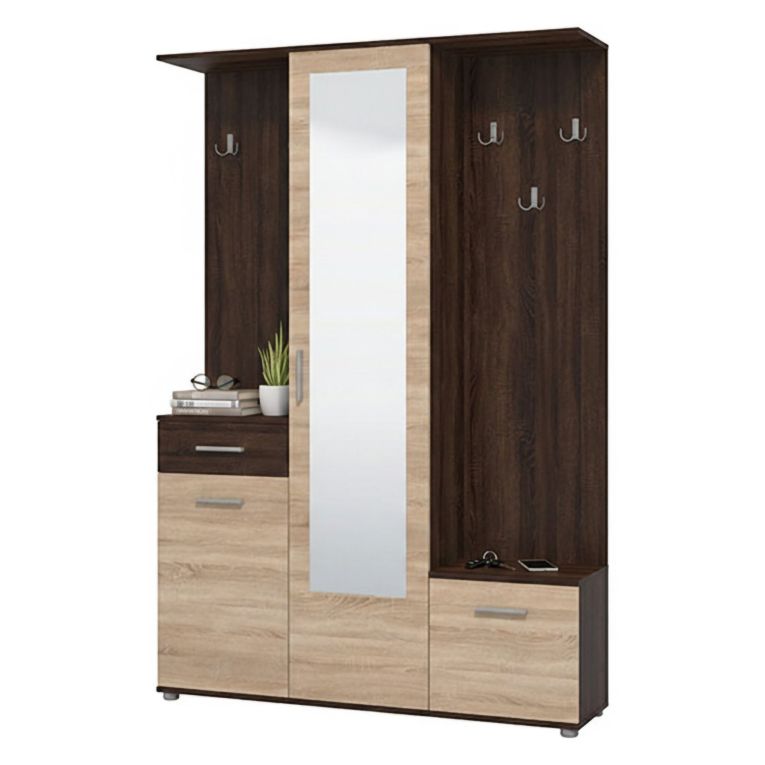 Mobile da Ingresso Marrone Rovere Marrone Noce Specchio Incluso un Cassetto 133.5x33x197.5h cm, 9 Ripiani - Volpara
