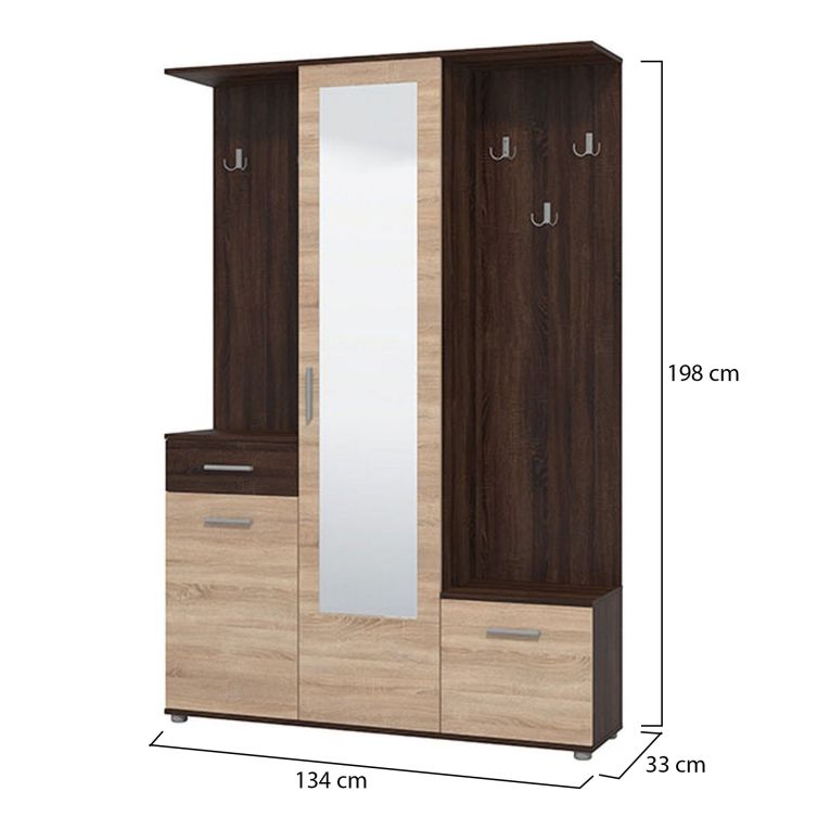 Mobile da Ingresso Marrone Rovere Marrone Noce Specchio Incluso un Cassetto 133.5x33x197.5h cm, 9 Ripiani - Volpara