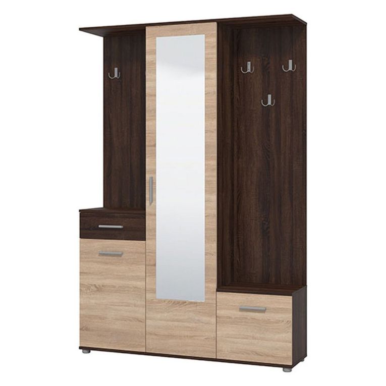Mobile da Ingresso Marrone Rovere Marrone Noce Specchio Incluso un Cassetto 133.5x33x197.5h cm, 9 Ripiani - Volpara
