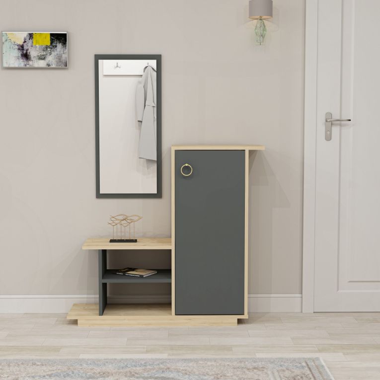Mobile da Ingresso Marrone Rovere Nero Antracite Specchio Incluso 4 Ripiani 80x30x90h cm, Modulabile - Nibbiola