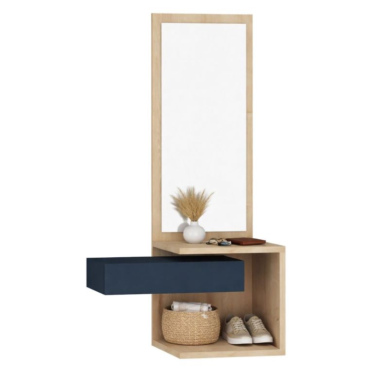 Mobile da Ingresso Marrone Rovere Nero Antracite Specchio Incluso un Cassetto 49x31x90h cm, 3 Ripiani - Equense